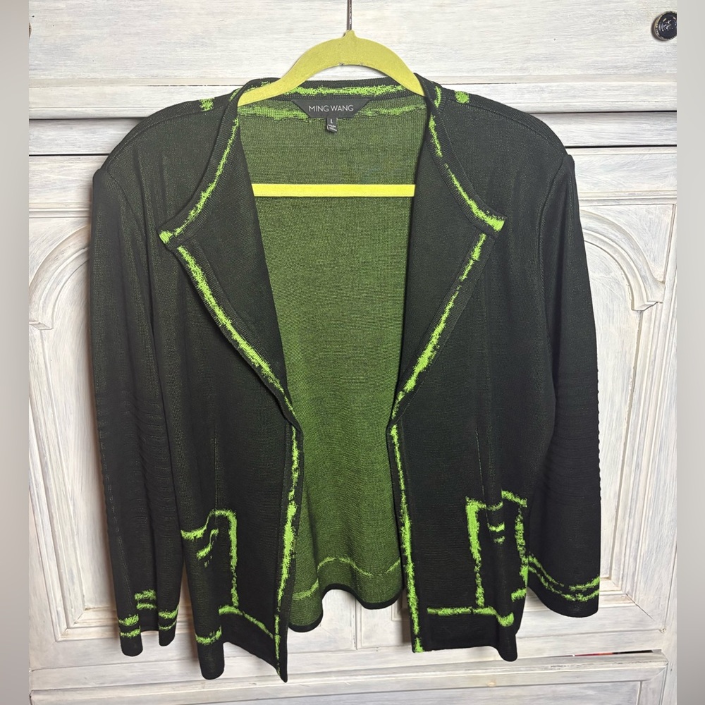 Ming‎ Wang Black Green Structured Open Front Knit Cardigan Elegant Quiet Luxury